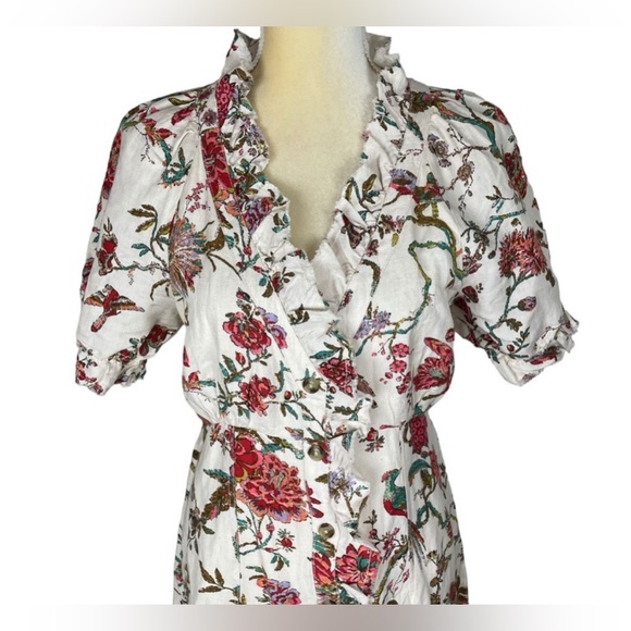 Pilcro Ruffle Collar Button Down Floral Linen Shirt Dress Size 6 - Picture 5 of 11